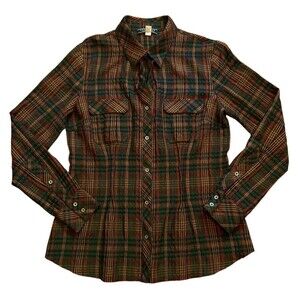 PERUVIAN CONNECTION Orange/Black Crinkle Plaid Button Up Shirt Pin Tuck Fitted S